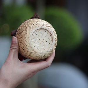 Chinese Style <b>Bamboo</b> Woven Cup Basket Dark Red Cloth Cover Round 10cm Diameter Travel Portable Storage <b>Container</b> - Product Image 4