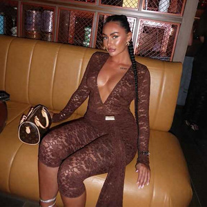 Combinaison sexy en dentelle transparente pour femme, coupe ajustée, manches longues, col en V profond, combinaison de soirée, épaisseur moyenne, micro-élasticité, polyester - Product Image 2