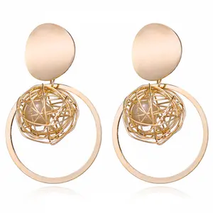 Geometric Metal Round Hollow Gold Thread Ball Winding Braided Ball Pearl Pendant Earrings For Women Jewelry