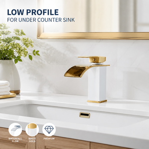 Rubinetto a cascata bianco e oro per lavabo, in acciaio inossidabile 304, con beccuccio dorato, collo alto, monocomando, per lavabo da appoggio, all'ingrosso - Product Image 2