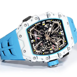 Montre mécanique squelette sportive de forme tonneau, boîtier blanc et bleu, bracelet en silicone, chiffres audacieux, cadran ajouré, montre élégante et décontractée - Product Image 2