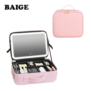 Bolsa de maquiagem para viagem em couro PU rosa com espelho LED Bolsa de cosméticos elegante de tamanho médio com divisórias e fecho com zíper