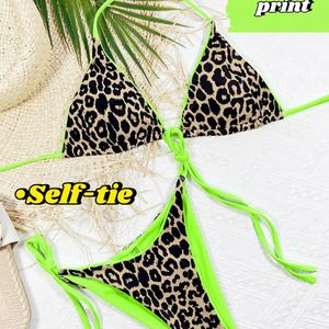 Customized Swimwear Pink Leopard Print <b>Glitter</b> Sexy Mini Bikini Strap Padded Two Piece Set Swimsuit Bikini Beachwear for Women - Product Image 1
