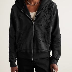 Custom Designer <b>Zip</b> up Black Hoodies Men Ripped 100% Cotton Jsersey Hoodie Print Logo Loungewear Outfit - Product Image 2