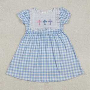 Ropa de Verano para Niñas con Bordado de Cruz de Pascua y Cuadros Azules, Estilo Smocked, en Oferta - Product Image 3