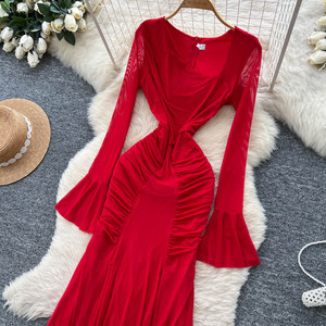 Akşam bayan uzun elbise resmi gece elbisesi-Light lüks trompet kollu pileli donatılmış ve zarif <span class=keywords><strong>Net</strong></span> kumaş elbise - Product Image 4