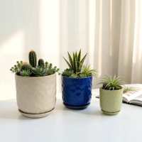 Set Pot Bunga Keramik Modern Berlapis Kaca dengan Desain Tekstur Batu untuk Tanaman Hijau di Meja atau Pusat Perbelanjaan