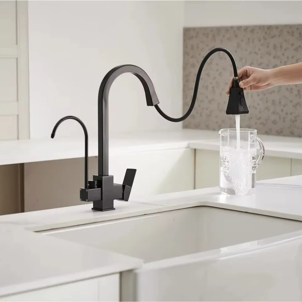 Filter Kitchen Faucet with Drinking Water Faucet High Arc Pull Down 3-Way Kitchen Faucet 3 in 1 Sink Cold and Hot Mixer Tap
