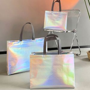 Iridescent Holographic Glitter Reusable Durable Non-Woven <b>Tote</b> <b>Bags</b> Metallic Laser Woven Custom Logo Hand Length Clothing - Product Image 3
