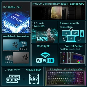 โน้ตบุ๊คเกมมิ่งสีสันสดใสปี 2022 ราคาประหยัด Intel ขนาด 17.3 นิ้ว รุ่นที่ 12 I9-12900H แรม 32GB SSD 1TB RTX3050TI/3060 144Hz RGB Backlit - Product Image 2