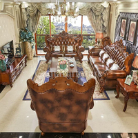 Europäischer Stil Echtleder-Sofa 123 Kombination Massivholz Geschnitzt Große Villa Luxus Ganzes Haus Amerikanische Möbel