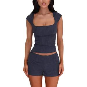 VOIKERDR Women 2 Piece <b>Set</b> <b>Square</b> Neck Crop Top High Waist Shorts Fitted Bodycon Knit Spandex Polyester Outfit - Product Image 1