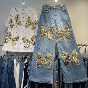 Completo Set Estivo 2026 da <span class=keywords><strong>Donna</strong></span>: T-Shirt Traspirante in Poliestere/Cotone e <span class=keywords><strong>Jeans</strong></span> a Gamba Larga - Nuova Collezione all'Ingrosso - Product Image 1