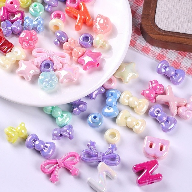 Wholesale AB Plating Letters Bow Star Acrylic Beads Bulk for DIY Handmade Keychain Phone Strap Necklace Jewelry Accessories