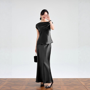 Conjunto de <span class=keywords><strong>Falda</strong></span> Larga y Camiseta de Manga Corta <span class=keywords><strong>con</strong></span> Lazo, Color Sólido, Satinado, Sexy, <span class=keywords><strong>con</strong></span> Hombros Descubiertos, de Acetato Importado de Alta Gama - Product Image 3