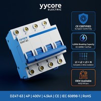 Disjoncteur à quatre pôles Yycore DZ47-63 4P MCB 6A-63A 4,5kA 400V Courbe C IEC 60898-1 CE IP20 PA66 Plastique ignifuge L1 L2