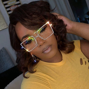 Gafas de gran tamaño para mujer, montura óptica de Metal transparente con diamantes de imitación cuadrados, gafas ostentosas - Product Image 1