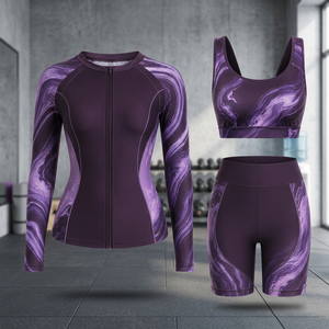 Ensemble de compression BJJ pour femmes, motif marbre, personnalisé, avec rashguard à manches longues, veste zippée, soutien-gorge et short, séchage rapide, pour l'entraînement - Product Image 3