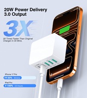 Chargeur rapide HNT GaN 3A2C, chargeur 5 ports, PD3.0 20W Power Delivery Mini chargeur compact, chargeur mural USB, 2 ports Type C à charge rapide