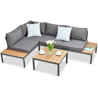 Ensemble de meubles de jardin de luxe en rotin, 3 pièces, ensemble de patio d'angle, canapé en osier PE avec tables basses en bois pour terrasse arrière-cour
