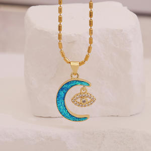 Unique Statement Stainless Steel Jewelry Blue <b>Moon</b> and Stars Pendant Rose Flower Necklace with Link Chain - Product Image 2