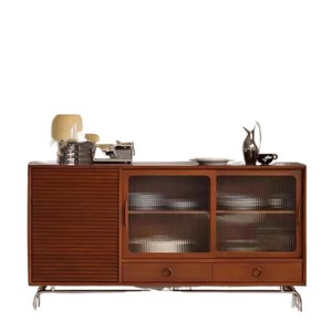 Aparador de madera maciza de 120x40x80 cm con puerta de vidrio, mueble de almacenamiento para sala de estar y cocina. - Product Image 4