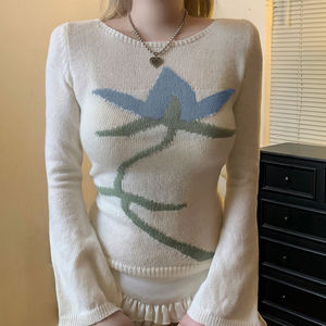 Suéter Floral Colorido Estilo Francés Vintage, Manga Larga, Corte Ajustado, Hombros Descubiertos, Manga Acampanada, Tejido de Punto - Product Image 5