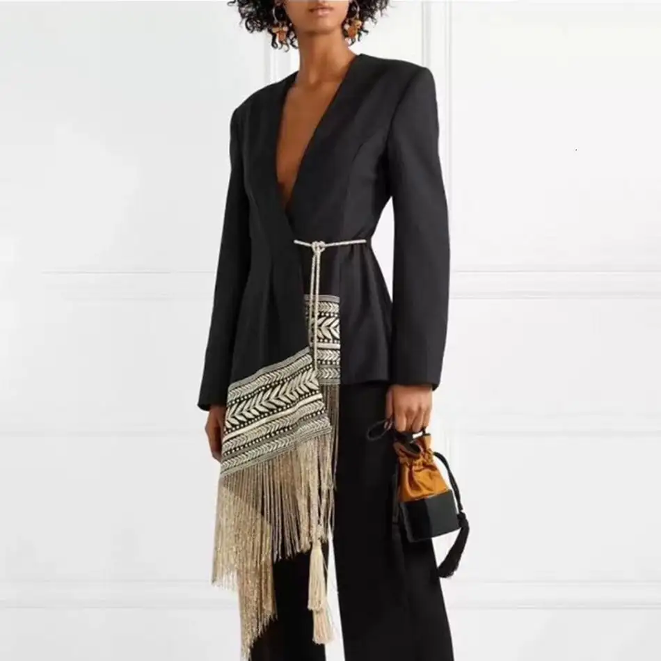 Hot Sales Patchwork Black V Neck Tassel Irregular Long Sleeve Blazer Chic Belt Long Dress Coat