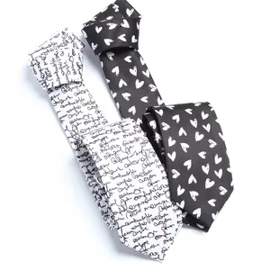 Écriture cursive hommes mince soie satin maigre noir et blanc floral impression numérique cravate hommes cravates 6cm coffret cadeau pour hommes