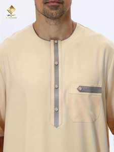 Al Haramain <b>Men's</b> Beige <b>Thobe</b> Round Neck Short Sleeve Floor Length Cotton Prayer Robe Casual Loose Fit Solid Color - Product Image 6