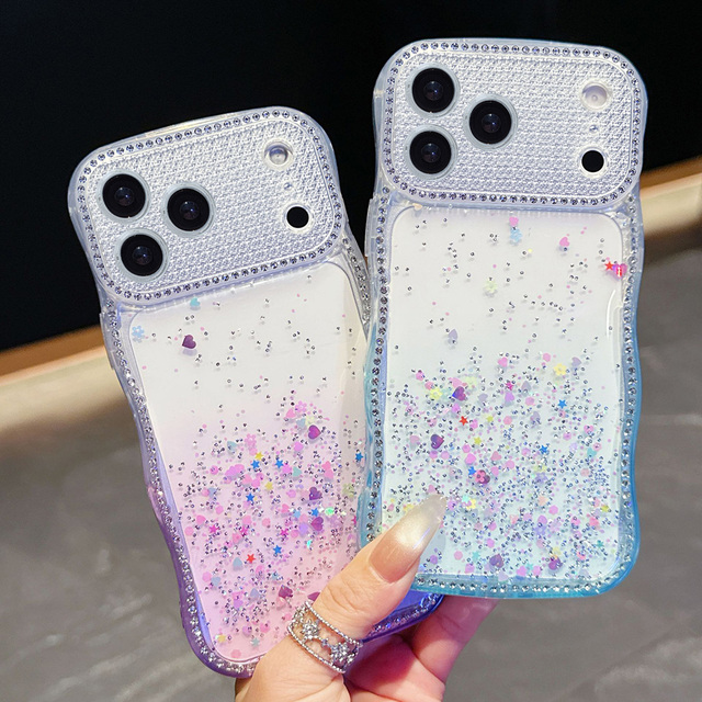 Sparkly Rhinestone Wave Glitter TPU Epoxy Phone Case with Lens Protector Cute Girl Style for iPhone 17 16 15 Pro Max
