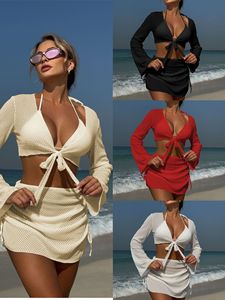 4 Piece Bikinis Set New Design Women's Bandeau Bikini with Long Sleeve Top and Skirt Drawstring Swimwear <b>Beach</b> Seaside Beachwear - Product Image 6
