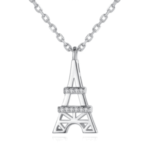 Collana con Pendente Torre Eiffel in Oro Bianco con Cristalli e Strass, Catena a Maglie con Incastonatura a Canale, Stile Classico Unisex per Uso Quotidiano - Product Image 1