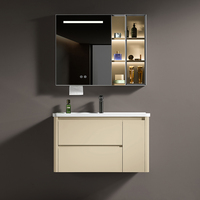 Meuble-lavabo de salle de bain avec vasque en céramique intégrée et armoire miroir LED intelligente ; Meuble-lavabo moderne pour appartements et villas