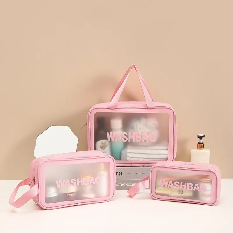 Bolso de viaje con logotipo personalizado, bolsa de Pvc transparente con cremallera, para artículos de aseo personal, de color rosa y negro, para cosméticos