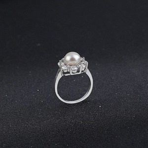 INS Trendy Temperament Pearl Women's <b>Eternity</b> <b>Ring</b> <b>Silver</b> Plated Brass With Minimalist Flower Stone Inlay Claw Setting - Product Image 3