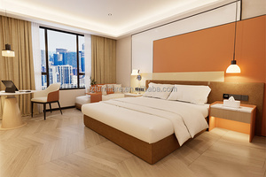 Modern 3 Star Hotel Twin Room Set Wooden MDF Plywood <b>Panel</b> Bed Frame with Upholstered <b>Headboard</b> & Floating Shelf Nightstand - Product Image 5