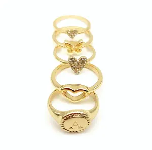 新趋势珠宝心形蝴蝶字母堆叠镀金钻石水钻套装女性戒指