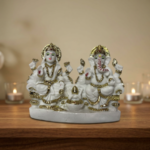 Soul Mantra <b>White</b> <b>Gold</b> Laxmi Ganesh Idol Shivling 4 Inch Marble Dust Finish Durable Decorative Murti Temple <b>Desk</b> Diwali Decor - Product Image 4