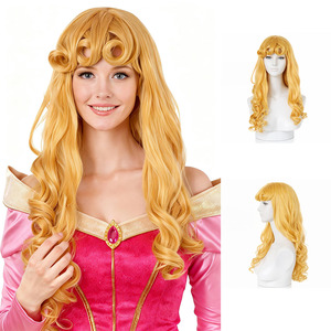 Peluca de Cosplay sintética resistente al calor con rizo suelto largo marrón dorado con correas ajustables fiesta temática de la princesa Bella Durmiente - Product Image 1
