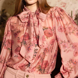 Blusa elegante de oficina para mujer, gasa Floral rosa con lazo, cuello abullonado, manga larga, estilo Vintage para <span class=keywords><strong>vestido</strong></span> informal de verano - Product Image 5