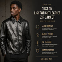 Veste zippée en cuir d'agneau léger pour homme, coupe décontractée, noir brillant, OEM ODM
