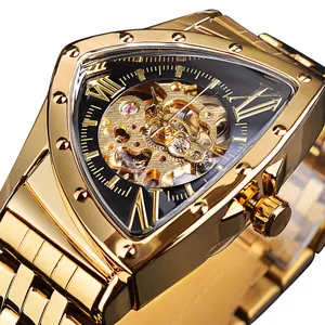 Forsining-reloj mecánico automático de esqueleto para hombre, pulsera de oro Vintage, triangular, luminoso, de lujo, novedad