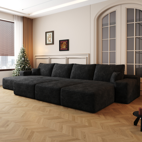 Canapé-lit - Chaise longue à gauche - 3 places - 3 poufs (Noir)