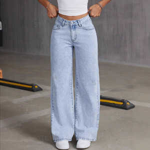 <span class=keywords><strong>Pantaloni</strong></span> da <span class=keywords><strong>donna</strong></span> a vita alta a gamba dritta con ricamo a fiocco e bottoni, stile dolce e di tendenza, in denim casual ampio, tinta unita - Product Image 4