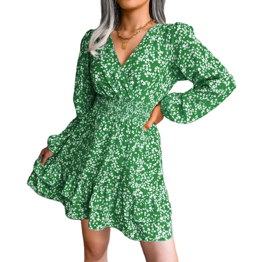 summer Casual ladies V-neck long sleeve High Waist Pleated puff sleeves Ruffle Floral Chiffon Print women's dress