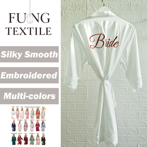 FUNG 3031 Women Solid Thermal Plus Size Simple Knee Length Bride Bridesmaid Silky Satin Kimono Style Robe With Lace Trim