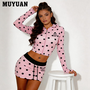Conjunto de 2 piezas para mujer <span class=keywords><strong>con</strong></span> sudadera <span class=keywords><strong>con</strong></span> capucha de lunares y cremallera, top corto ajustado y minifalda <span class=keywords><strong>con</strong></span> orificio para el pulgar, chándal informal de verano de poliéster y elastano - Product Image 1