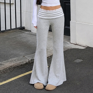 Korean Style Stripe Color Block Lace Patchwork Straight Slim Fold Over Flared Casual <b>Sweatpants</b> for <b>Women</b> - Product Image 3