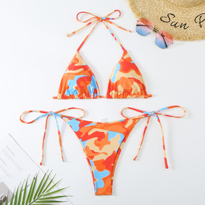 Ensemble bikini deux pièces pour femme, imprimé, haut dos nu à nouer, bas string, maillot de bain extensible en Spandex et Polyester, tenue de plage - Product Image 4